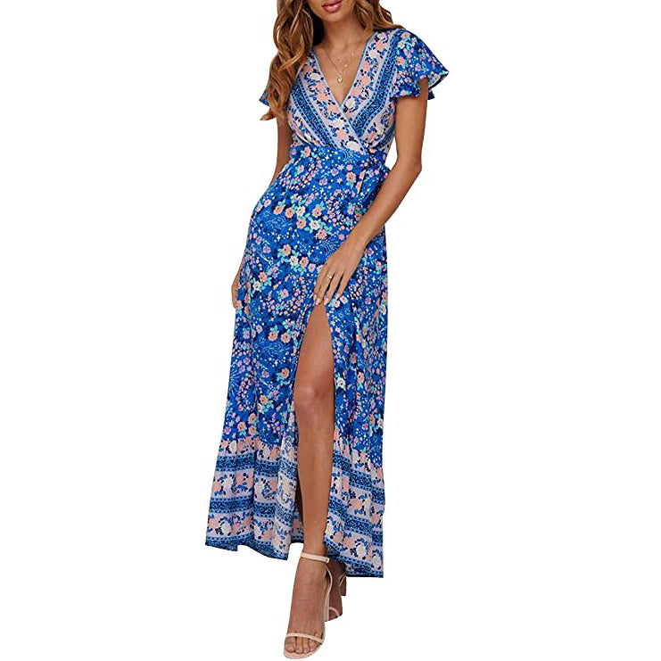 Women's Bohemian Floral Printed Wrap V Neck Maxi Dress Women's Dresses Blue S - DailySale