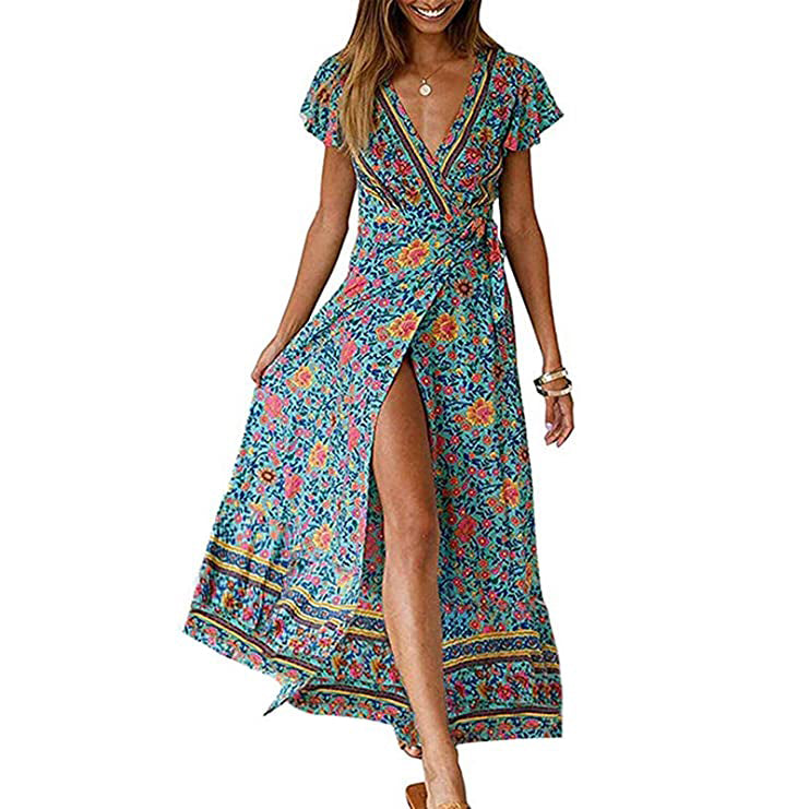 Women's Bohemian Floral Printed Wrap V Neck Maxi Dress Women's Dresses Green S - DailySale