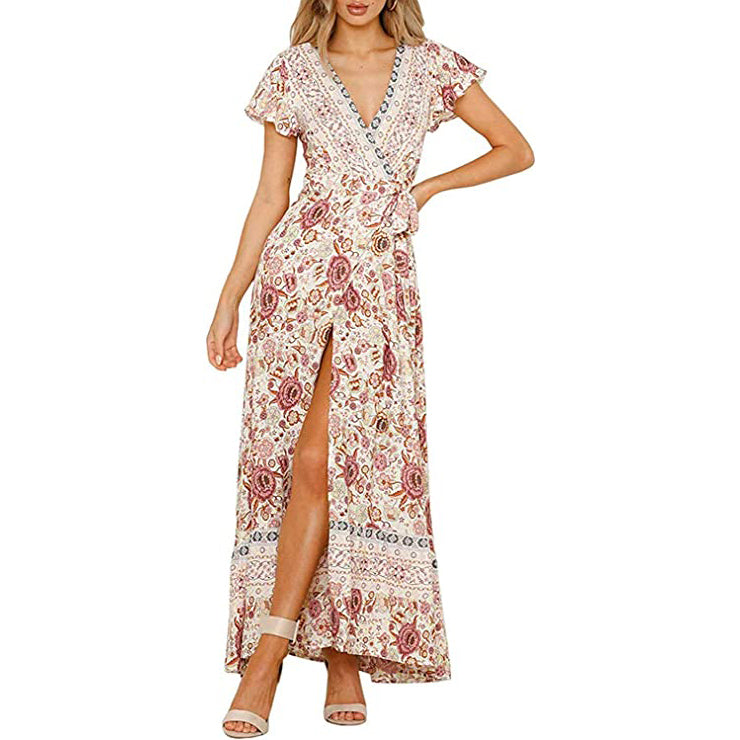 Women's Bohemian Floral Printed Wrap V Neck Maxi Dress Women's Dresses Ivory S - DailySale