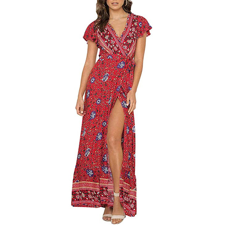 Women's Bohemian Floral Printed Wrap V Neck Maxi Dress Women's Dresses Red S - DailySale