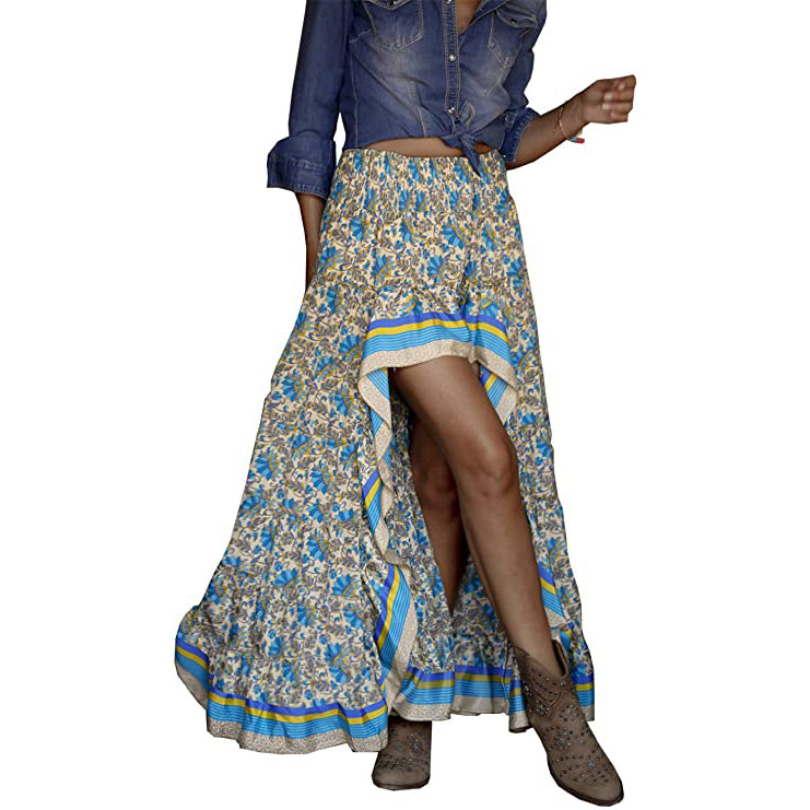 Women's Boho Floral Print Long Skirt Women's Bottoms Blue S - DailySale