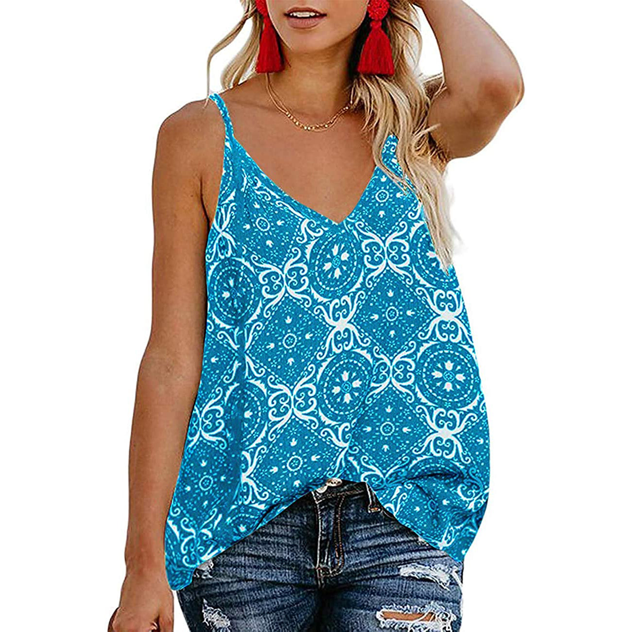 Women's Boho Floral V Neck Spaghetti Straps Tank Top Summer Sleeveless Shirts Blouse Women's Tops Blue S - DailySale