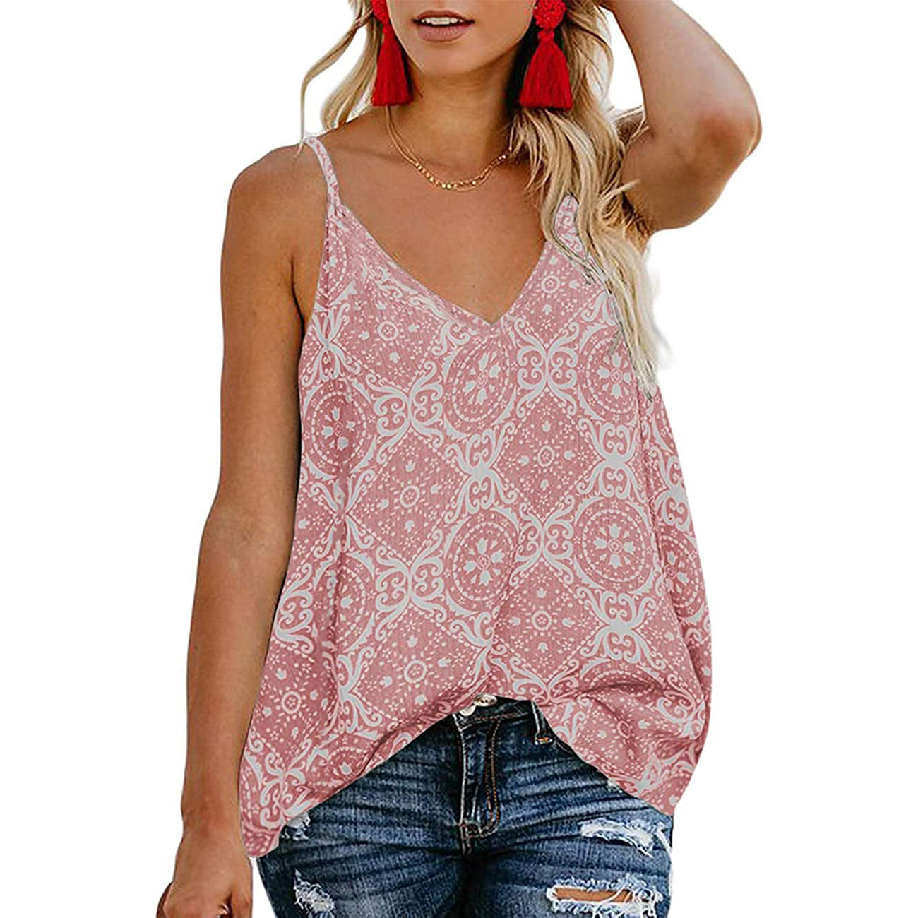 Women's Boho Floral V Neck Spaghetti Straps Tank Top Summer Sleeveless Shirts Blouse Women's Tops Pink S - DailySale