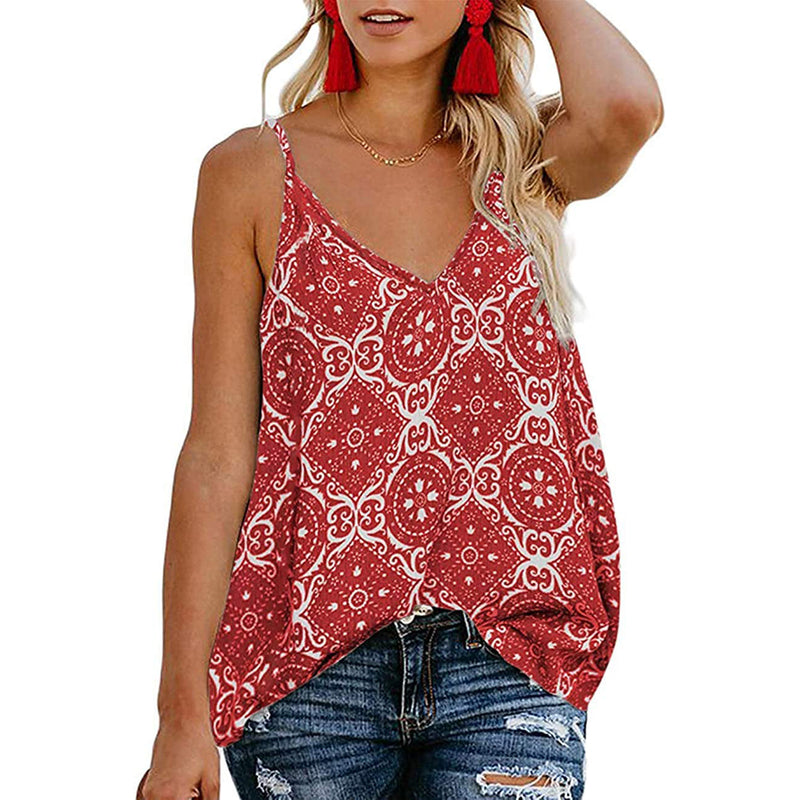 Women's Boho Floral V Neck Spaghetti Straps Tank Top Summer Sleeveless Shirts Blouse Women's Tops Red S - DailySale