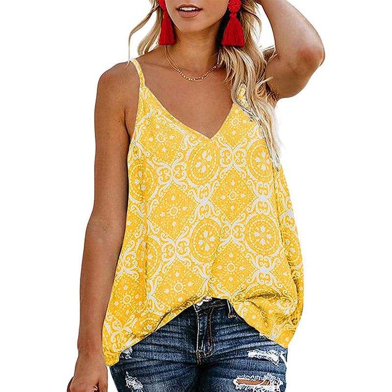 Women's Boho Floral V Neck Spaghetti Straps Tank Top Summer Sleeveless Shirts Blouse Women's Tops Yellow S - DailySale
