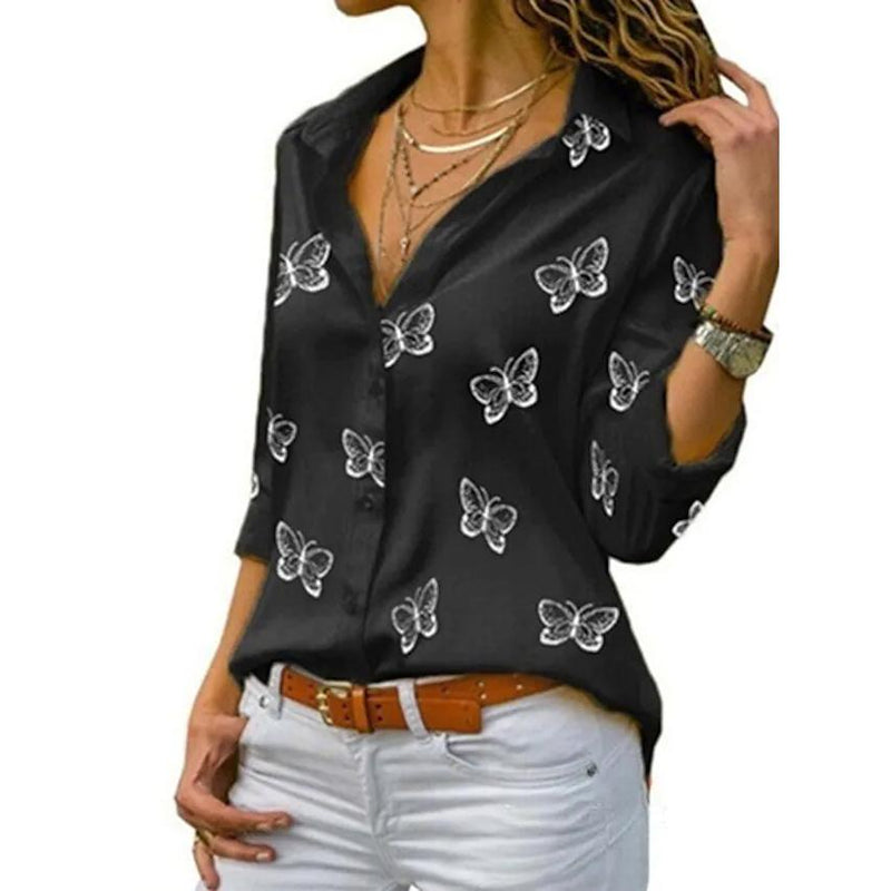 Women's Butterfly Long Sleeve Print Shirt Collar Basic Tops Women's Tops Black S - DailySale