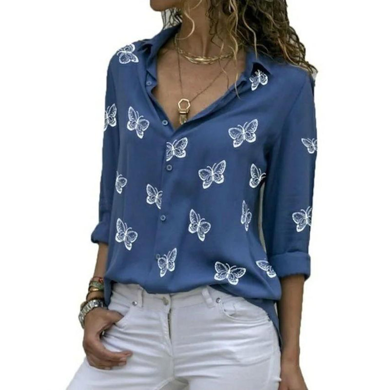 Women's Butterfly Long Sleeve Print Shirt Collar Basic Tops Women's Tops Blue S - DailySale
