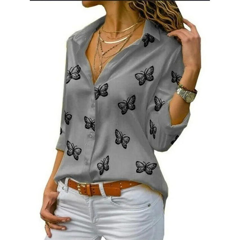 Women's Butterfly Long Sleeve Print Shirt Collar Basic Tops Women's Tops Gray S - DailySale