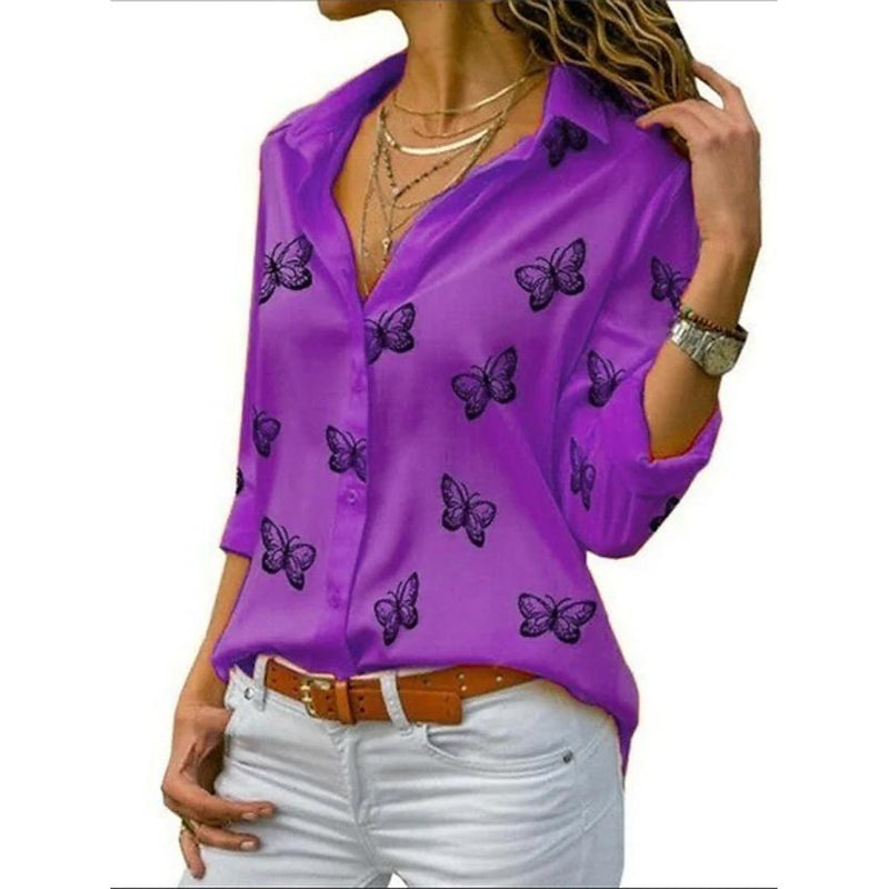 Women's Butterfly Long Sleeve Print Shirt Collar Basic Tops Women's Tops Purple S - DailySale
