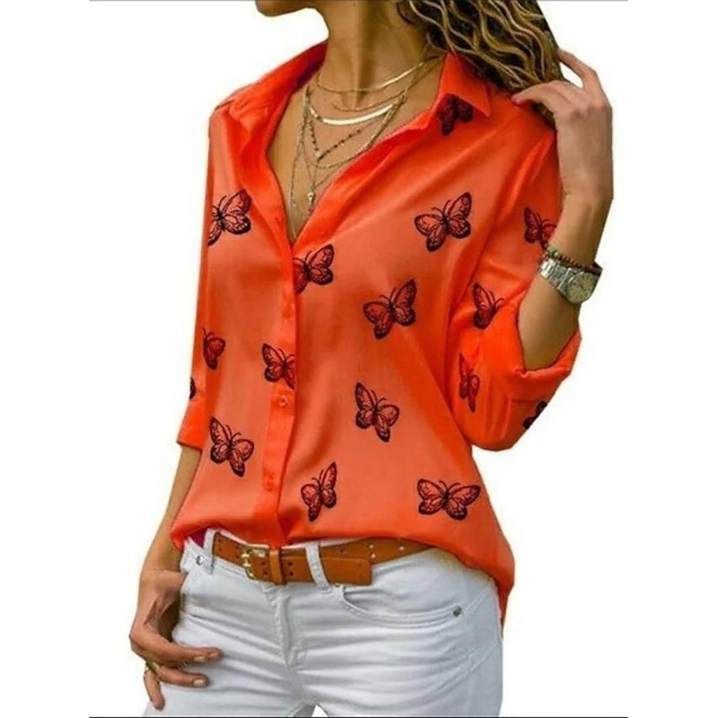 Women's Butterfly Long Sleeve Print Shirt Collar Basic Tops Women's Tops Red S - DailySale