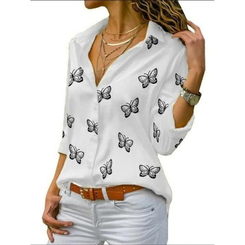 Women's Butterfly Long Sleeve Print Shirt Collar Basic Tops Women's Tops White S - DailySale