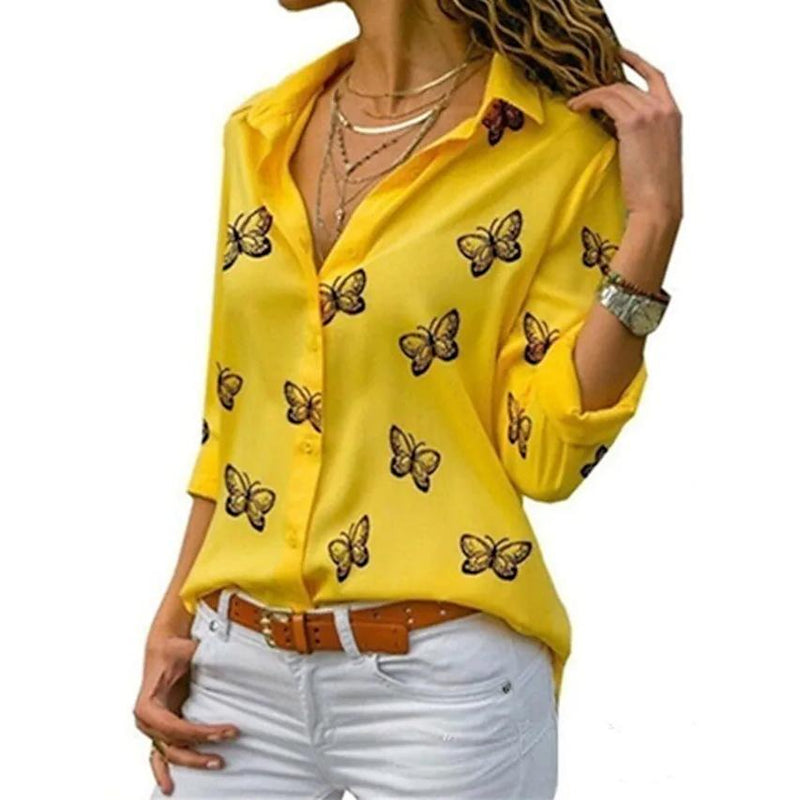 Women's Butterfly Long Sleeve Print Shirt Collar Basic Tops Women's Tops Yellow S - DailySale