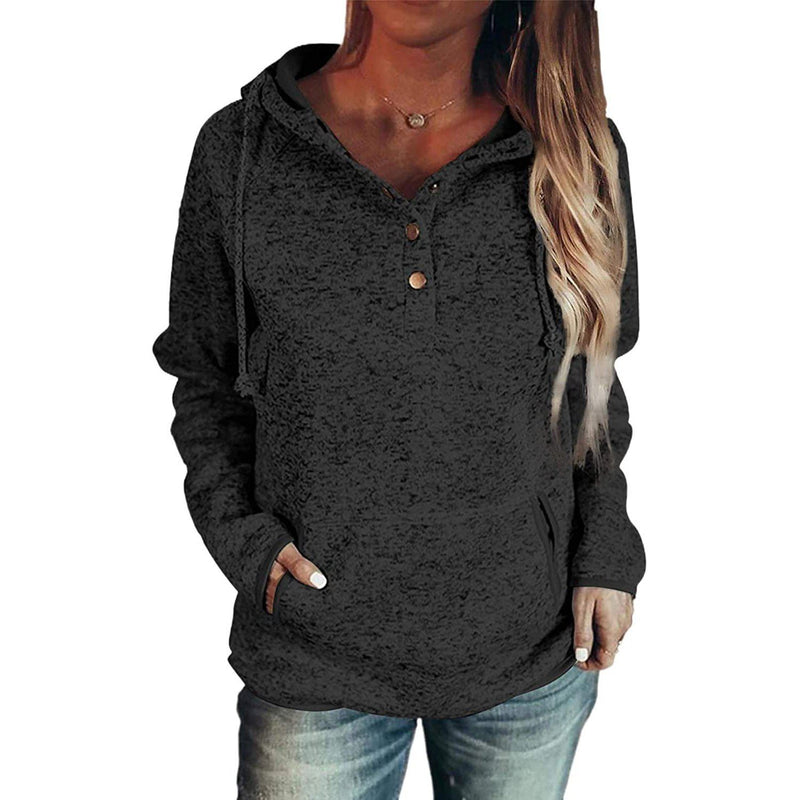Womens Button Collar Drawstring Stitching Sweatshirts Hoodies Pullover