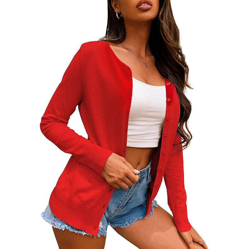 Women's Button Down Crew Neck Long Sleeve Soft Knit Cardigan Sweaters