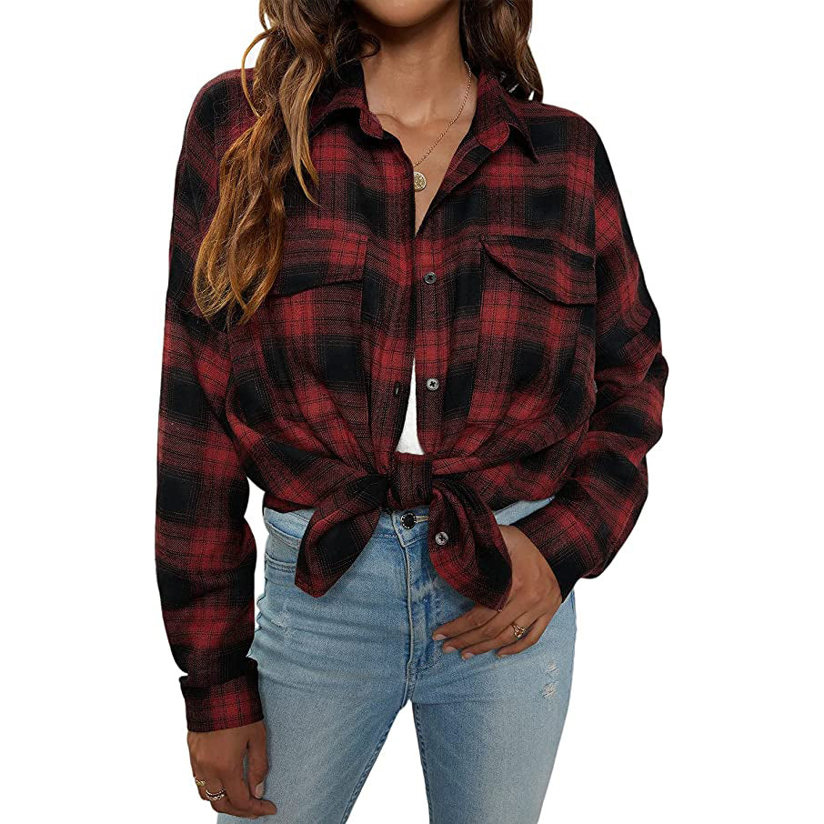 Women's Button Flannel Shirt Plaid Long Sleeve Top Women's Tops Black/Red S - DailySale