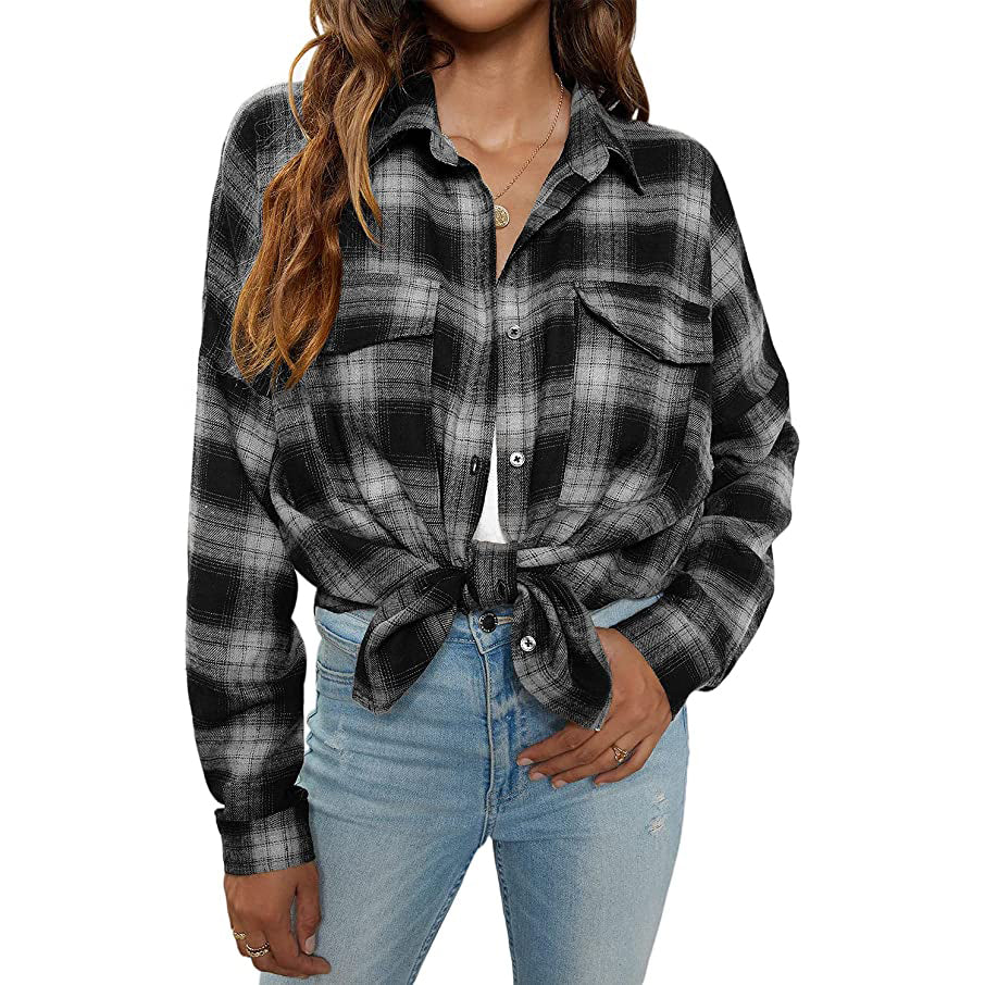 Women's Button Flannel Shirt Plaid Long Sleeve Top Women's Tops Black/White S - DailySale