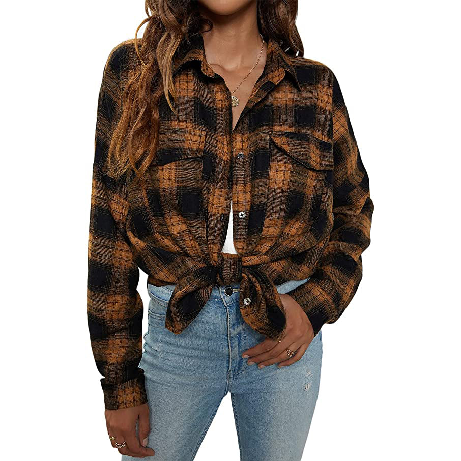 Women's Button Flannel Shirt Plaid Long Sleeve Top Women's Tops Black/Yellow S - DailySale