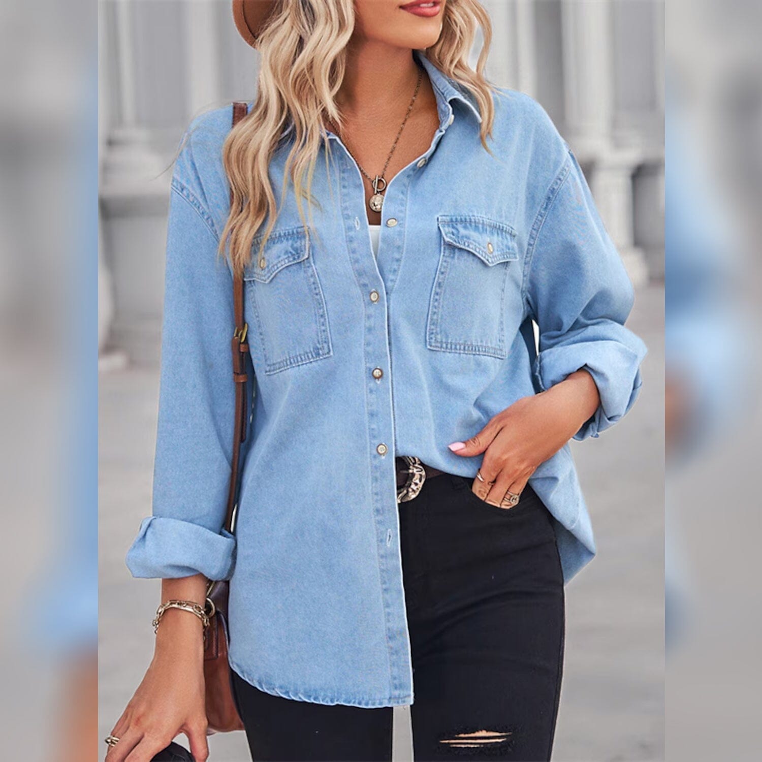 Women's Button Pocket Long Sleeve Casual Women's Tops - DailySale