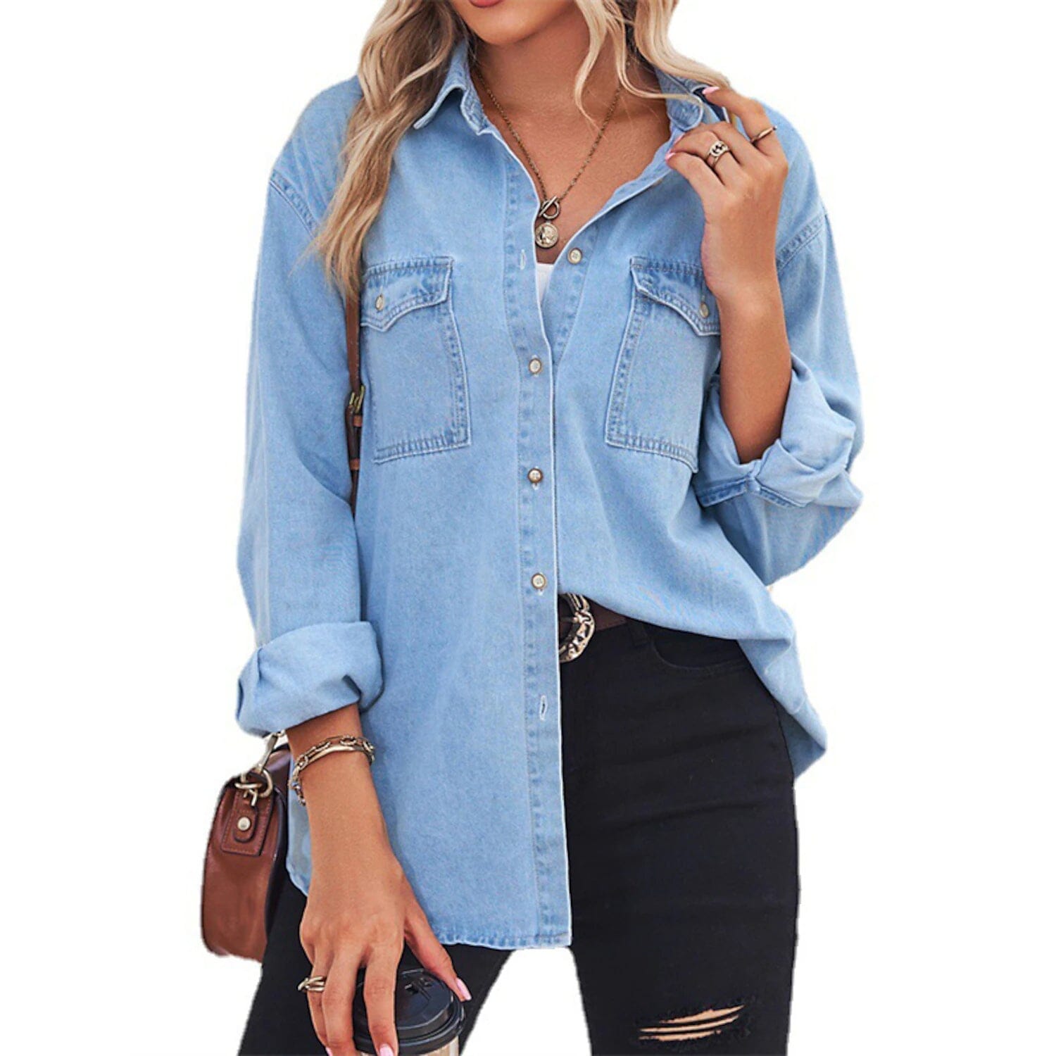 Women's Button Pocket Long Sleeve Casual Women's Tops - DailySale