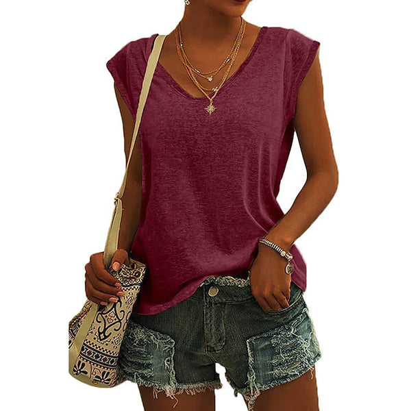 Women's Cap Sleeve T-Shirt Casual Loose Fit Tank Top Women's Tops Wine Red S - DailySale