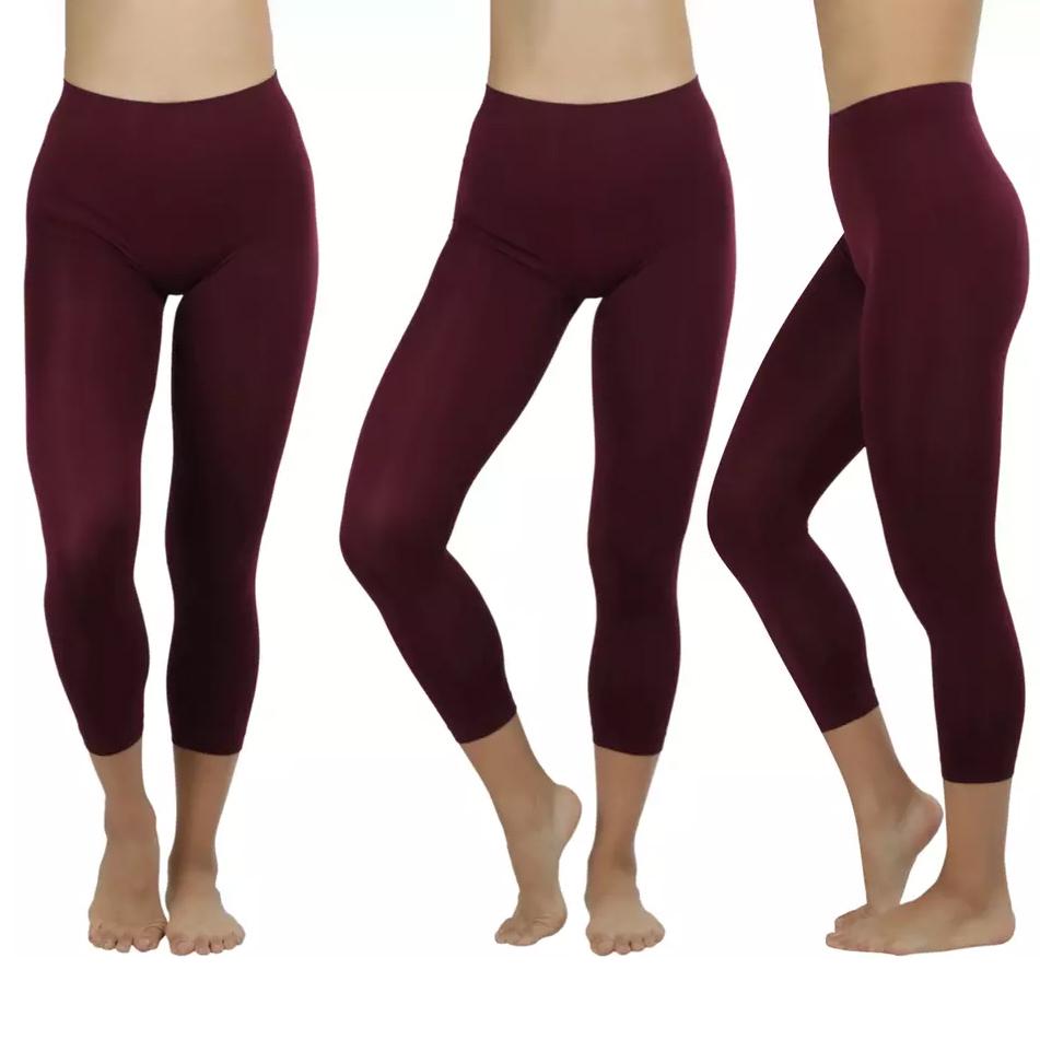 Women's Capri Seamless Lightweight Stretch Leggings Women's Clothing Burgundy - DailySale