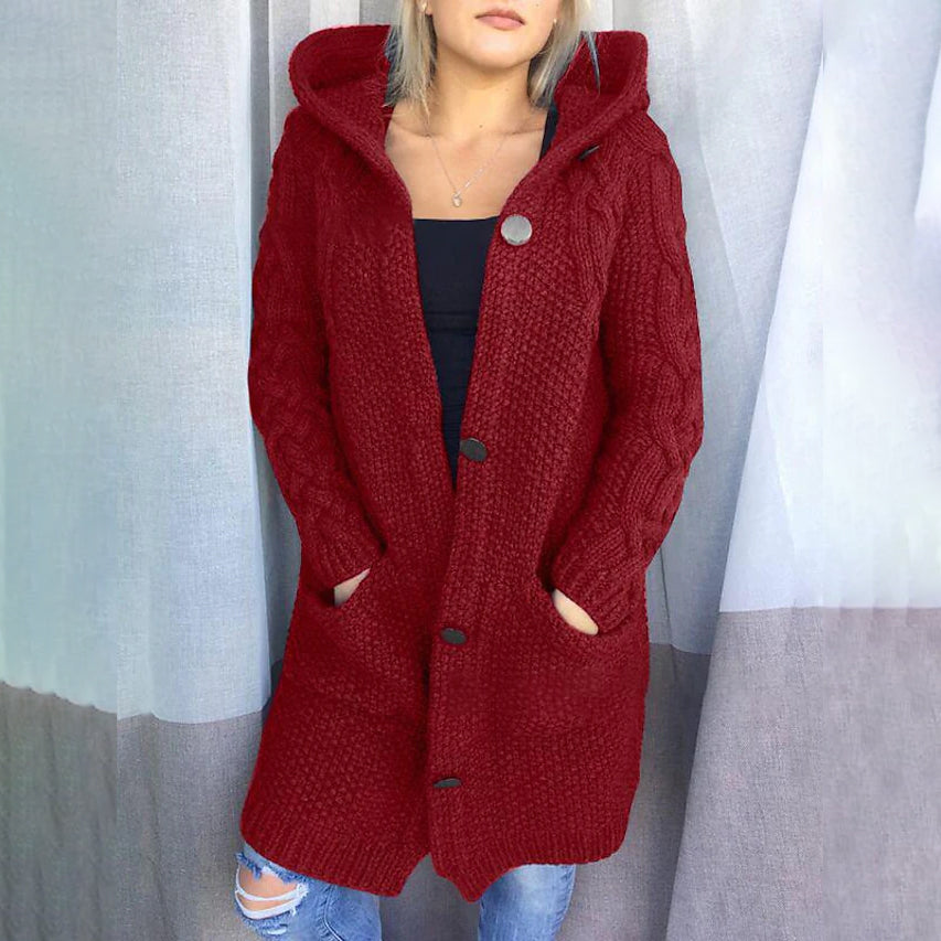 Women's Cardigan Pocket Chunky Long Sleeve Sweater Women's Outerwear Wine Red S - DailySale