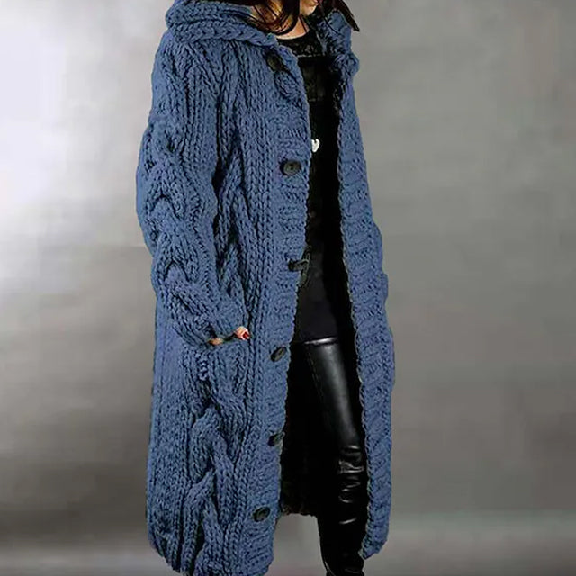 Women's Cardigan Sweater Jumper Cable Chunky Knit Hooded Solid Color Open Front Women's Outerwear Blue S - DailySale