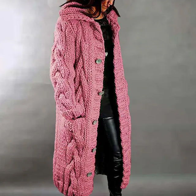 Women's Cardigan Sweater Jumper Cable Chunky Knit Hooded Solid Color Open Front Women's Outerwear Pink S - DailySale
