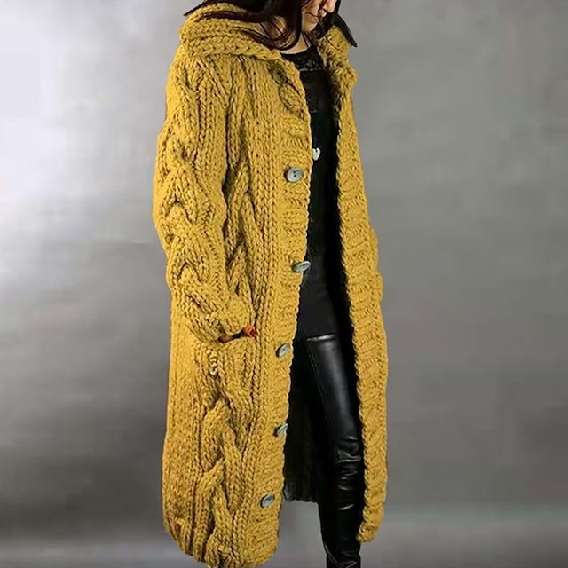 Women's Cardigan Sweater Jumper Cable Chunky Knit Hooded Solid Color Open Front Women's Outerwear Yellow S - DailySale