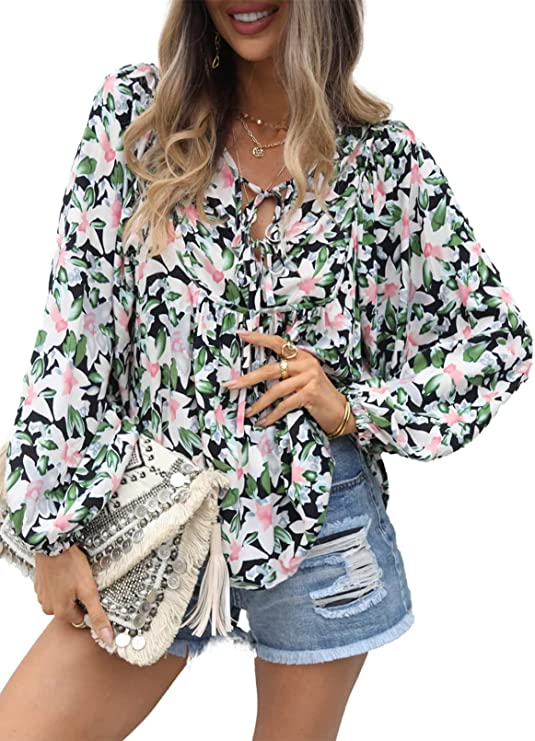 Women's Casual Boho Floral Print V Neck Long Sleeve Top Women's Tops Black S - DailySale