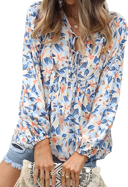 Women's Casual Boho Floral Print V Neck Long Sleeve Top Women's Tops Blue S - DailySale