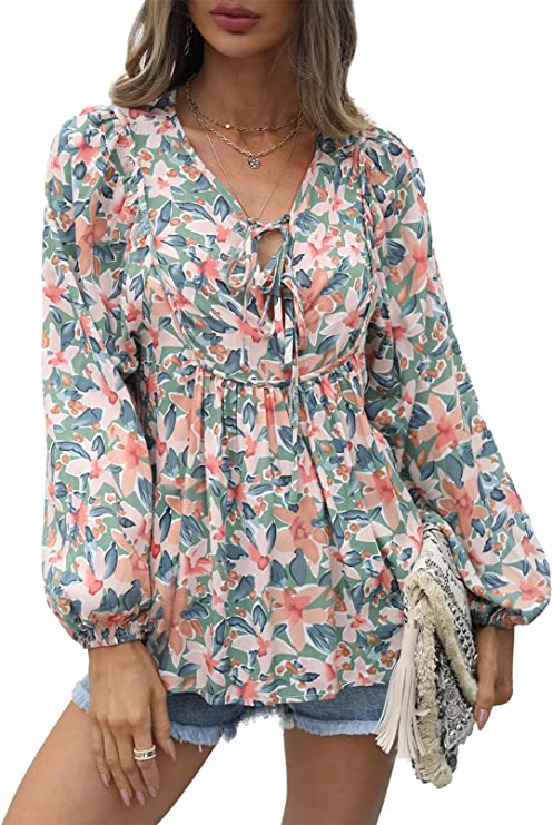 Women's Casual Boho Floral Print V Neck Long Sleeve Top Women's Tops Green S - DailySale