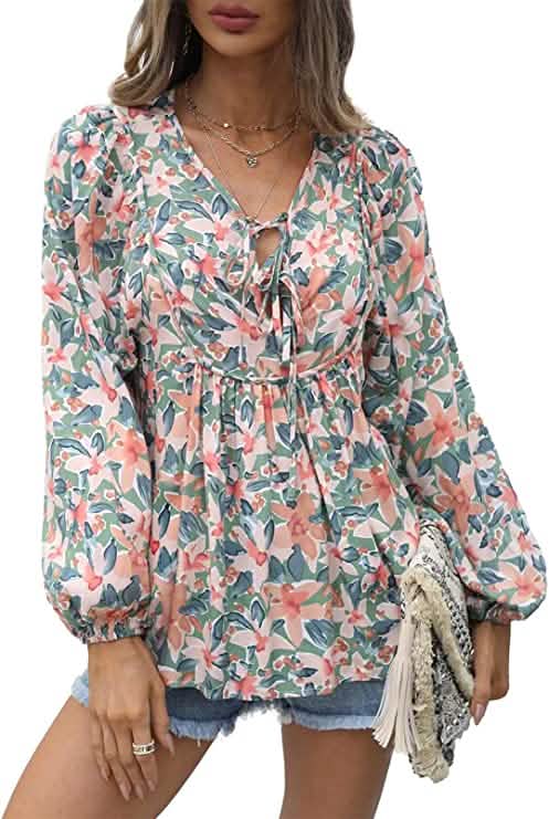 Women's Casual Boho Floral Print V Neck Long Sleeve Top Women's Tops Green S - DailySale