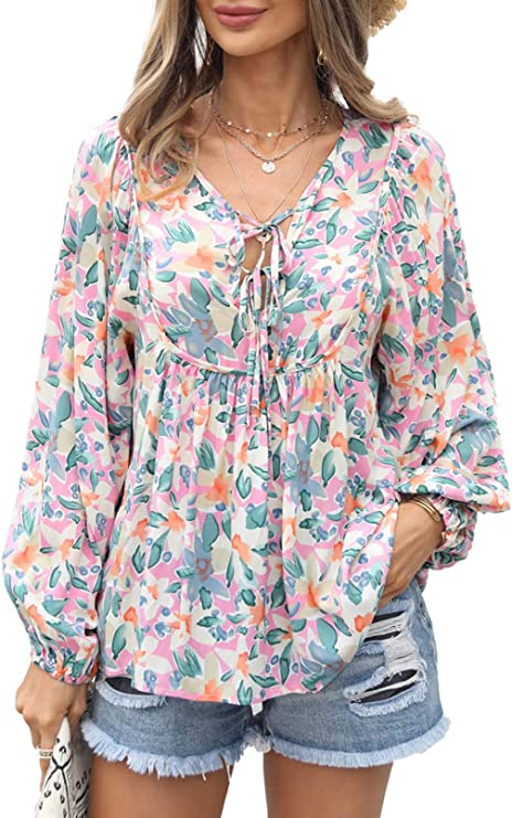Women's Casual Boho Floral Print V Neck Long Sleeve Top Women's Tops Light Pink S - DailySale