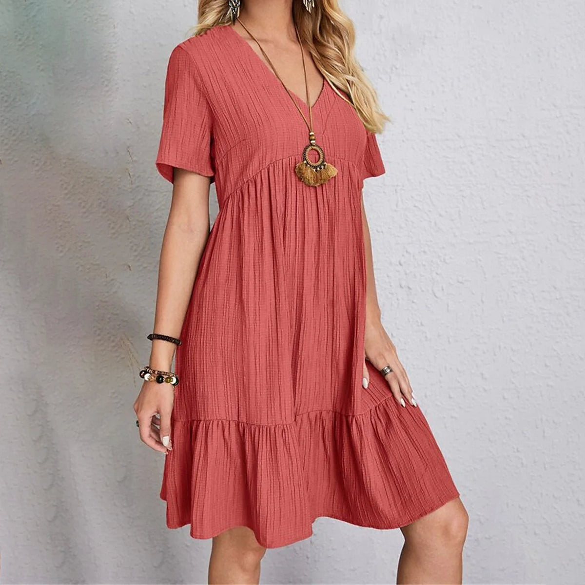 Women's Casual Dress Ruffle V Neck Midi Shift Dress Women's Dresses - DailySale