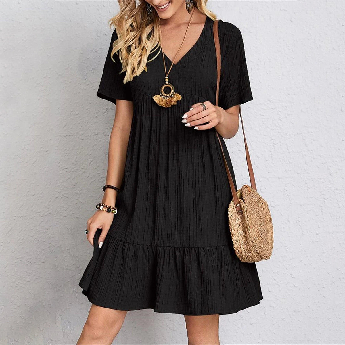 Women's Casual Dress Ruffle V Neck Midi Shift Dress Women's Dresses - DailySale