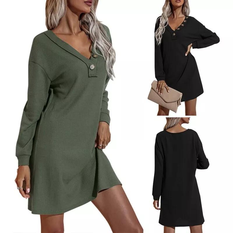 Women's Casual Dresses V-Neck Buttoned Hip Knitted Dresses Women's Clothing - DailySale