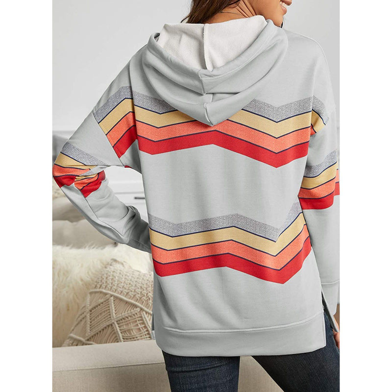 Womens Casual Hoodie Striped Printed Sweatshirts Long Sleeve Drawstring Pullover