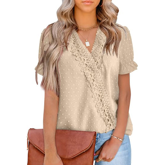 Women's Casual Lace Pom Pom V Neck Chiffon Short Sleeve Top Women's Tops Apricot S - DailySale