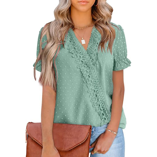 Women's Casual Lace Pom Pom V Neck Chiffon Short Sleeve Top Women's Tops Aqua S - DailySale