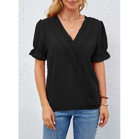 Women's Casual Lace Pom Pom V Neck Chiffon Short Sleeve Top Women's Tops - DailySale