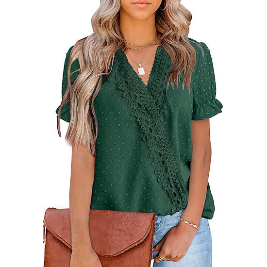 Women's Casual Lace Pom Pom V Neck Chiffon Short Sleeve Top Women's Tops Green S - DailySale