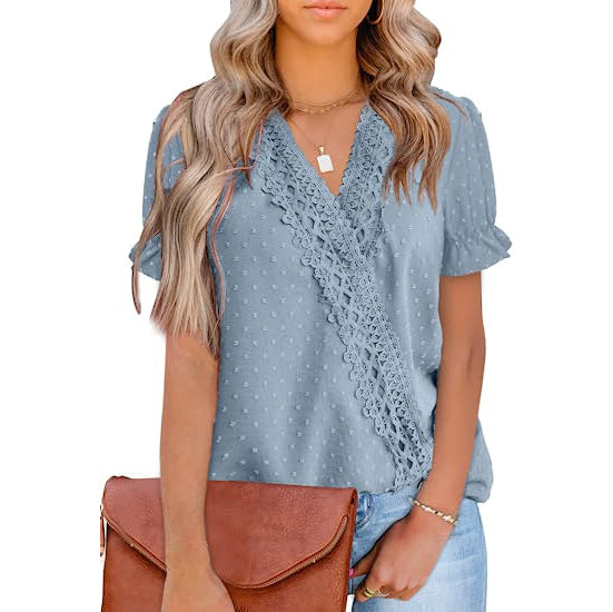 Women's Casual Lace Pom Pom V Neck Chiffon Short Sleeve Top Women's Tops Light Blue S - DailySale