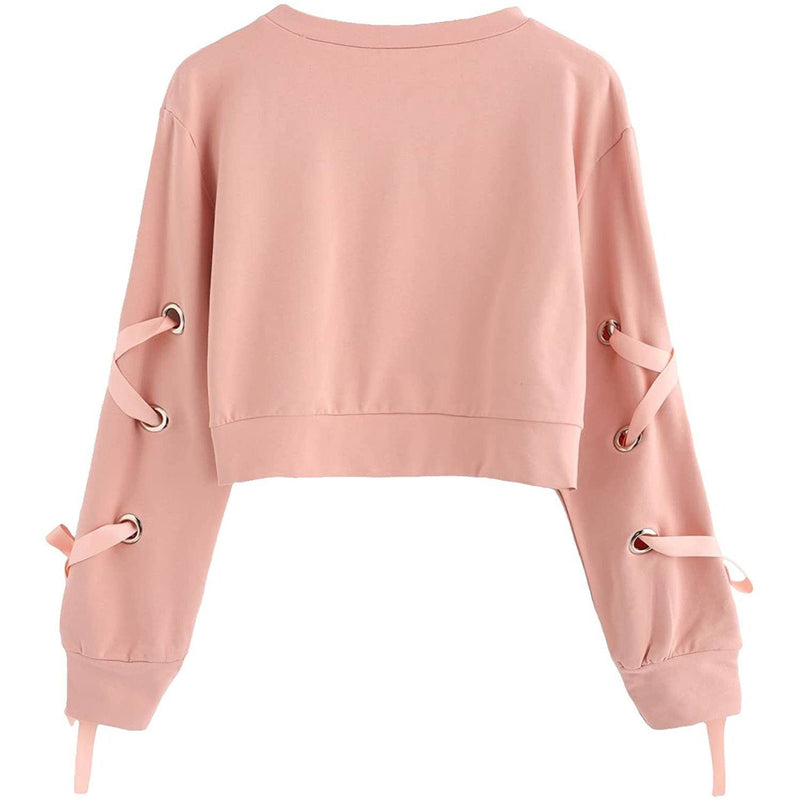 Women's Casual Lace-Up Long-Sleeved Pullover Crop Top Sweatshirt