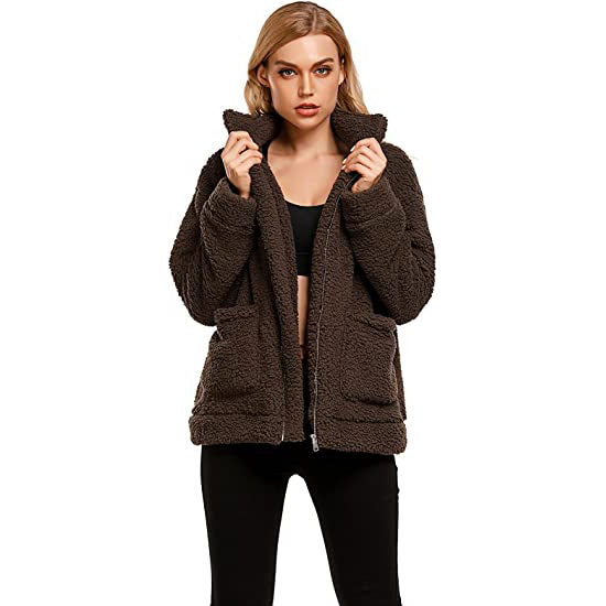 Women's Casual Lapel Fleece Fuzzy Faux Shearling Zipper Coat Women's Outerwear - DailySale