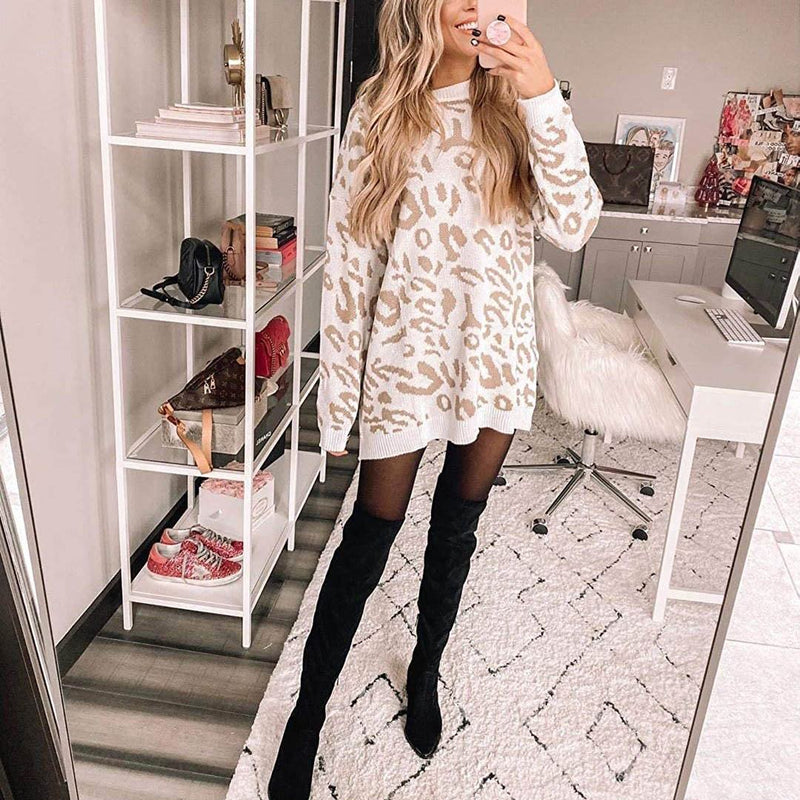 Women’s Casual Leopard Print Long Sleeve Crew Neck Knitted Oversized Pullover Sweaters Tops
