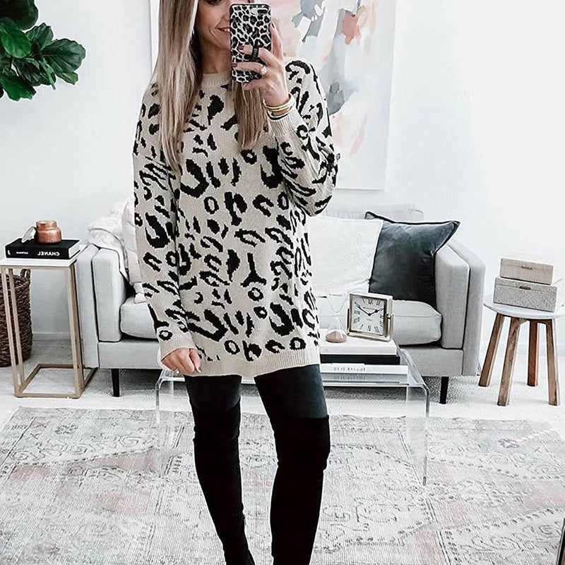 Women’s Casual Leopard Print Long Sleeve Crew Neck Knitted Oversized Pullover Sweaters Tops