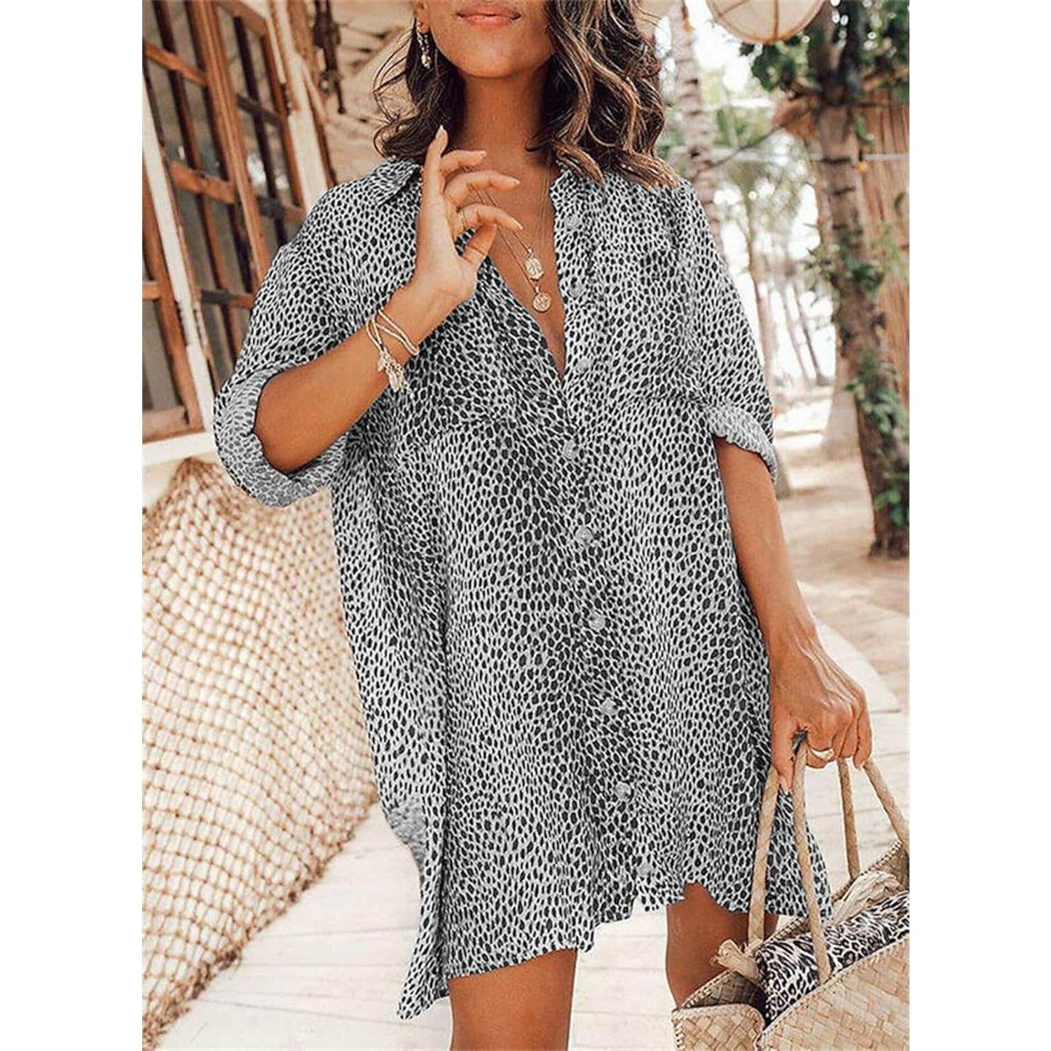 Women's Casual Leopard Print Shirt Dress Women's Dresses Gray S - DailySale