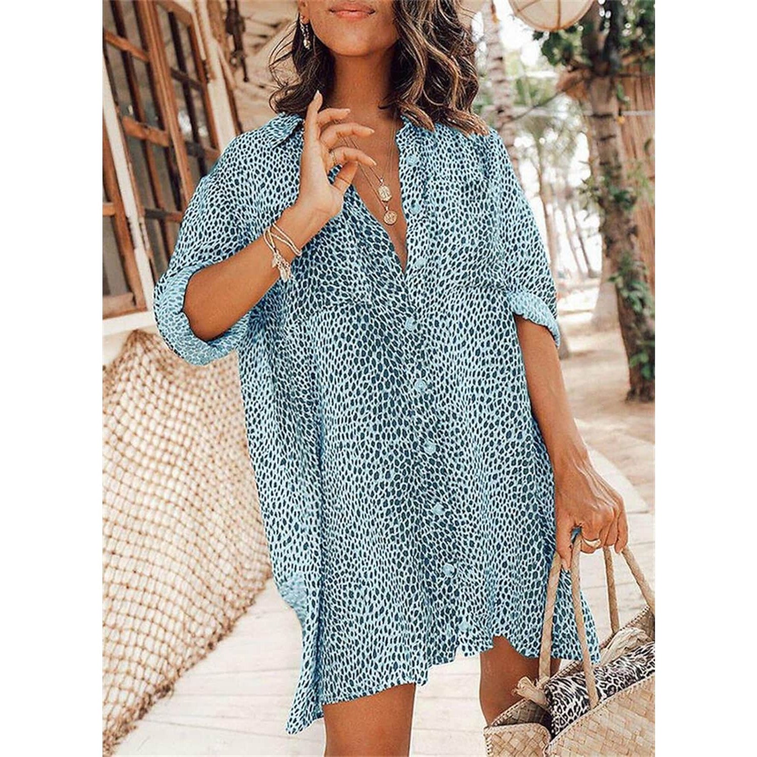 Women's Casual Leopard Print Shirt Dress Women's Dresses Light Blue S - DailySale