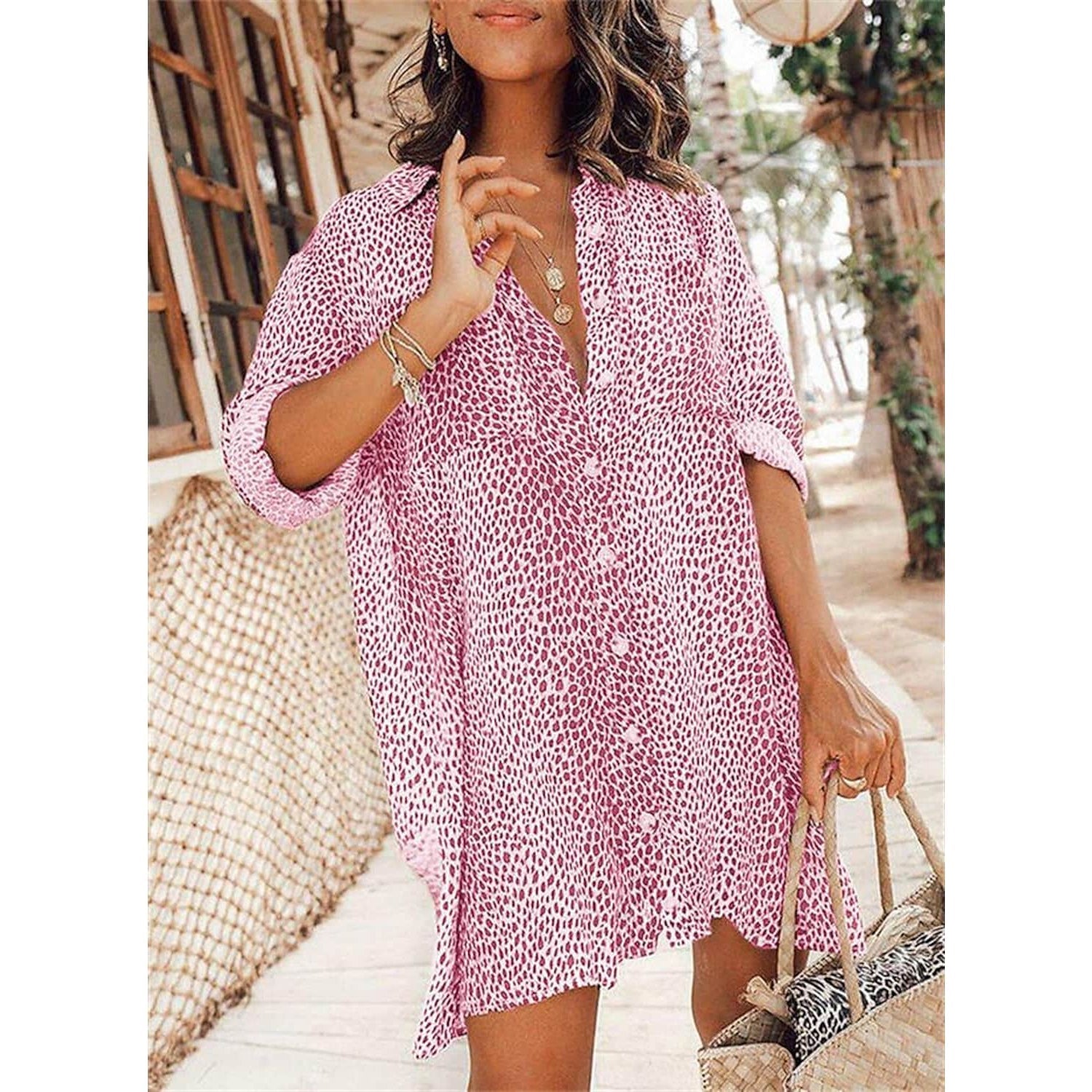 Women's Casual Leopard Print Shirt Dress Women's Dresses Pink S - DailySale